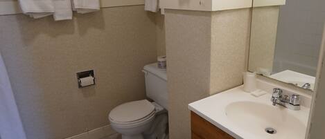 A bathroom with a toilet, sink, and towel rack.