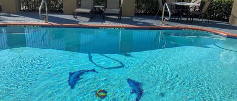 Seasonal outdoor pool, pool umbrellas, sun loungers