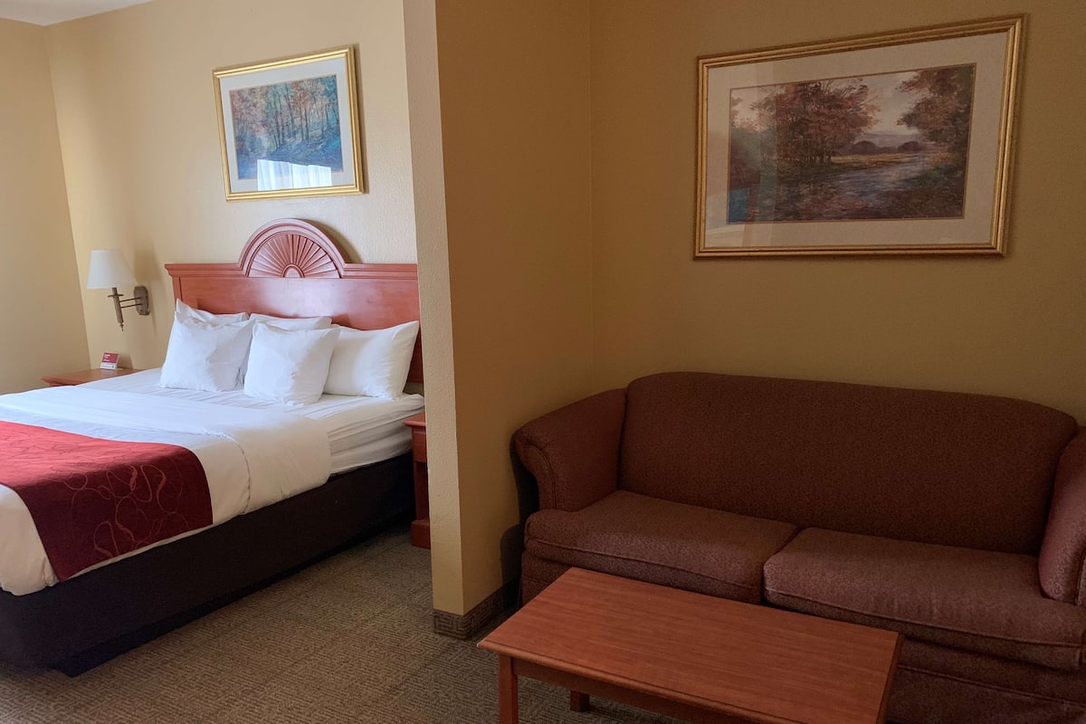 A hotel room with a bed, a sofa, a small table, and two framed pictures on the walls.