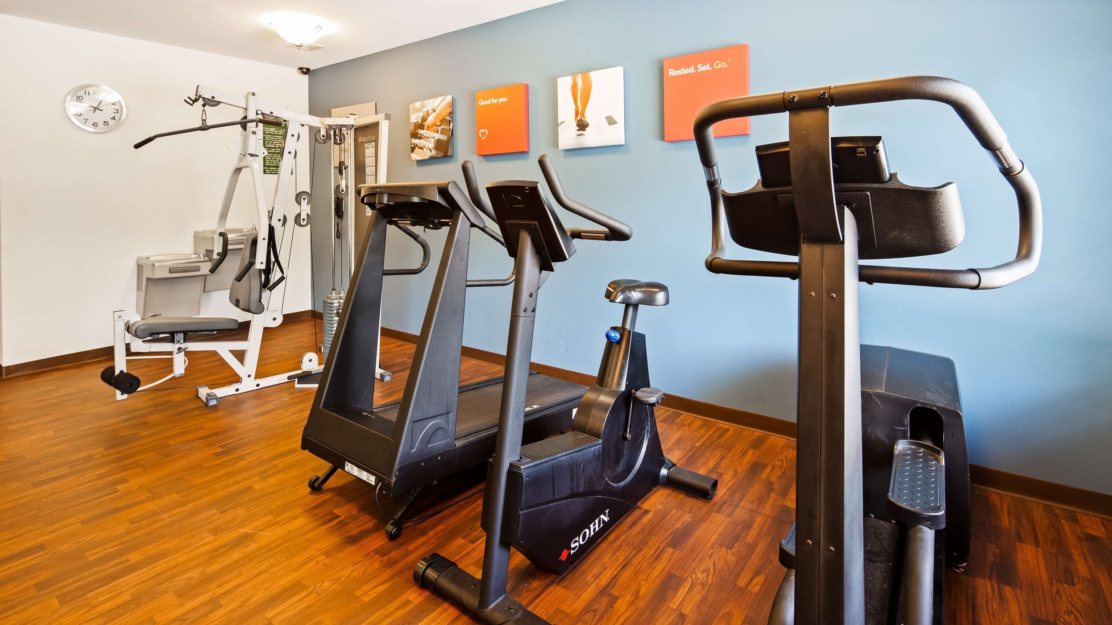 A fitness room with treadmills, a stationary bike, and weight machines.
