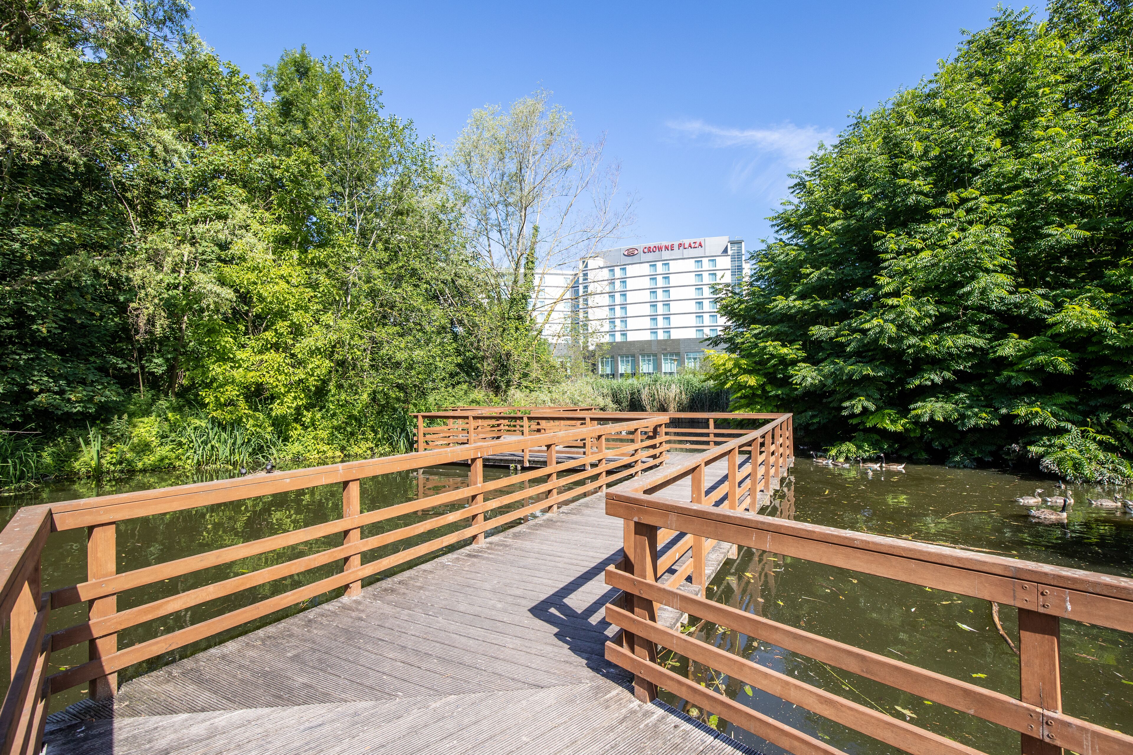 A wooden bridge over a pond with a hotel in the background.