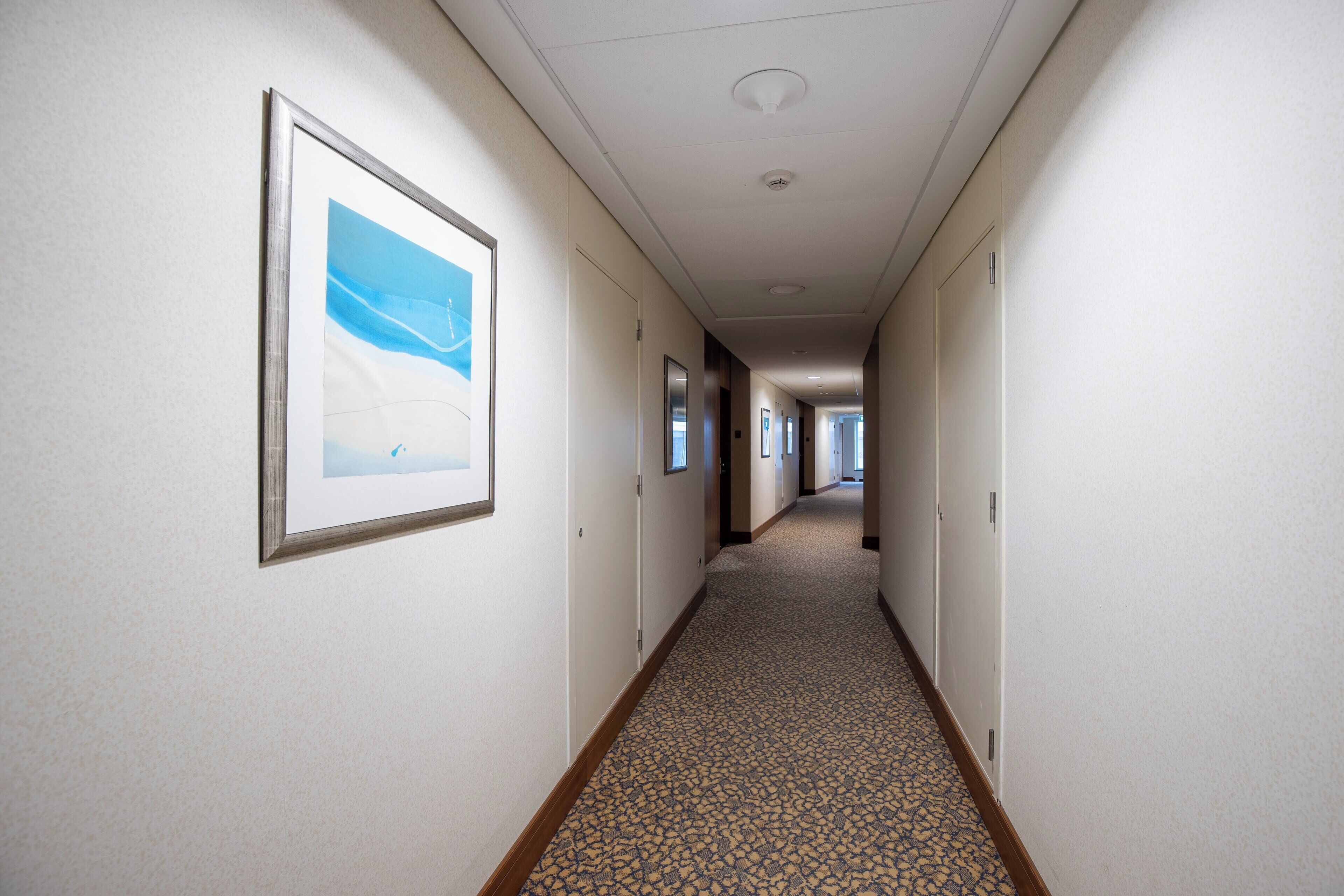 A hotel hallway with framed artwork on the walls, a patterned carpet, and doors leading to rooms.
