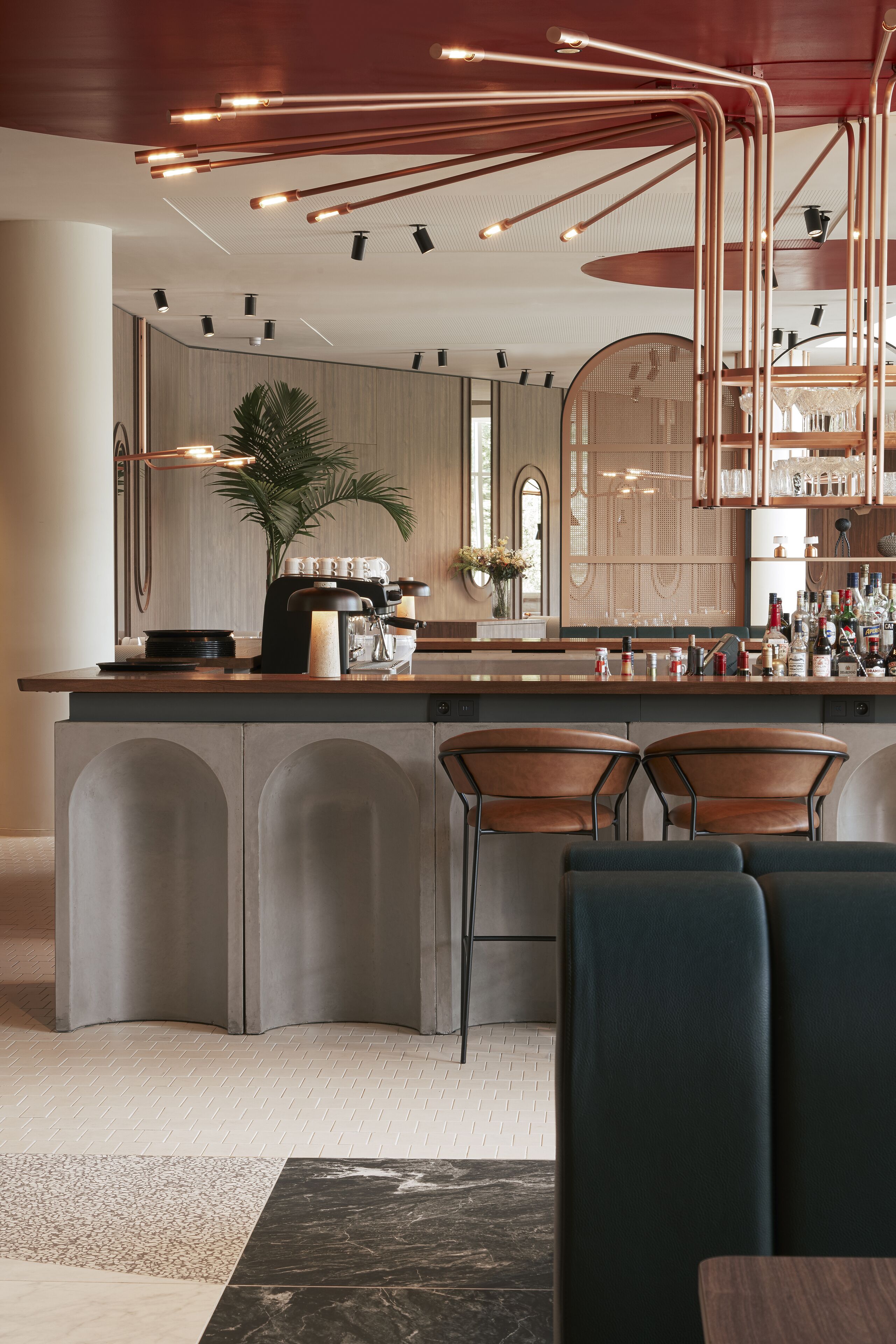 Un espace bar moderne avec un comptoir incurvé, des tabourets de bar et une plante en pot.