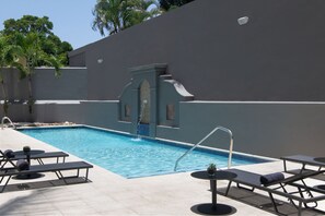 Outdoor pool, pool umbrellas, pool loungers