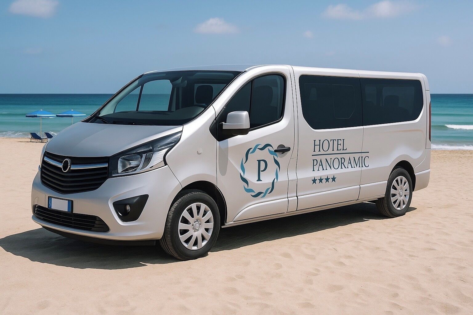 A white van with 'HOTEL PANORAMIC' branding parked on a sandy beach.