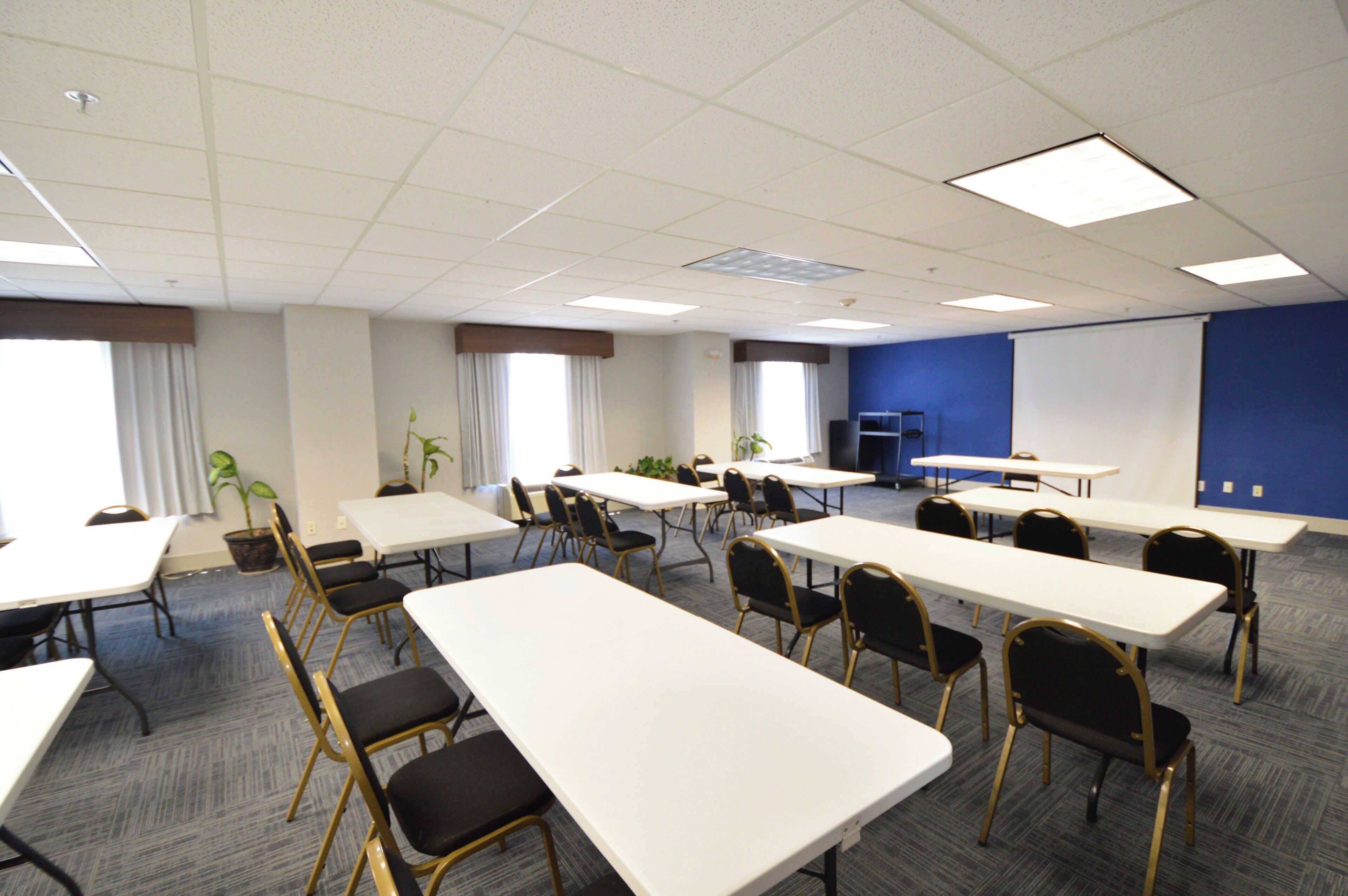 Un salón de conferencias con varias mesas y sillas, una pantalla de proyector y una pared azul decorativa.