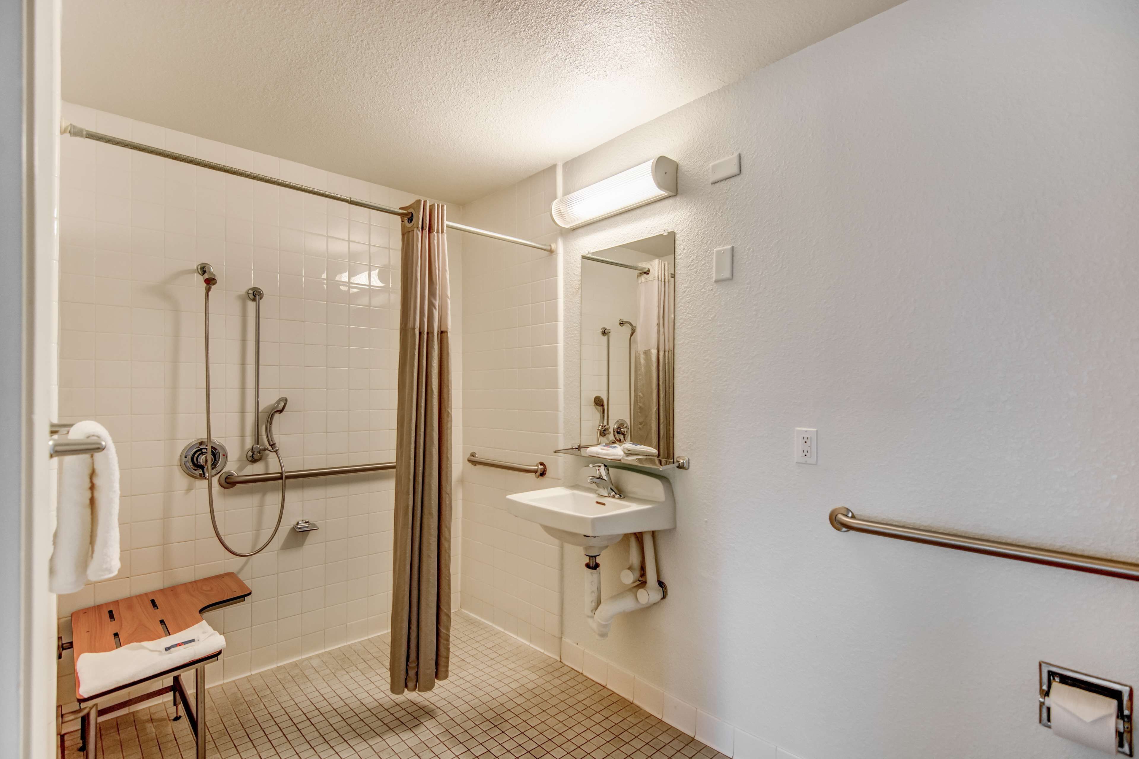 A bathroom with a shower, a sink, a mirror, and a toilet.