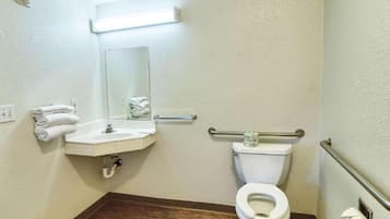 A bathroom with a sink, mirror, toilet, and handrails.