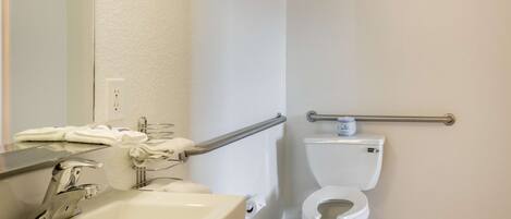 A bathroom with a sink, mirror, toilet, and handrails.