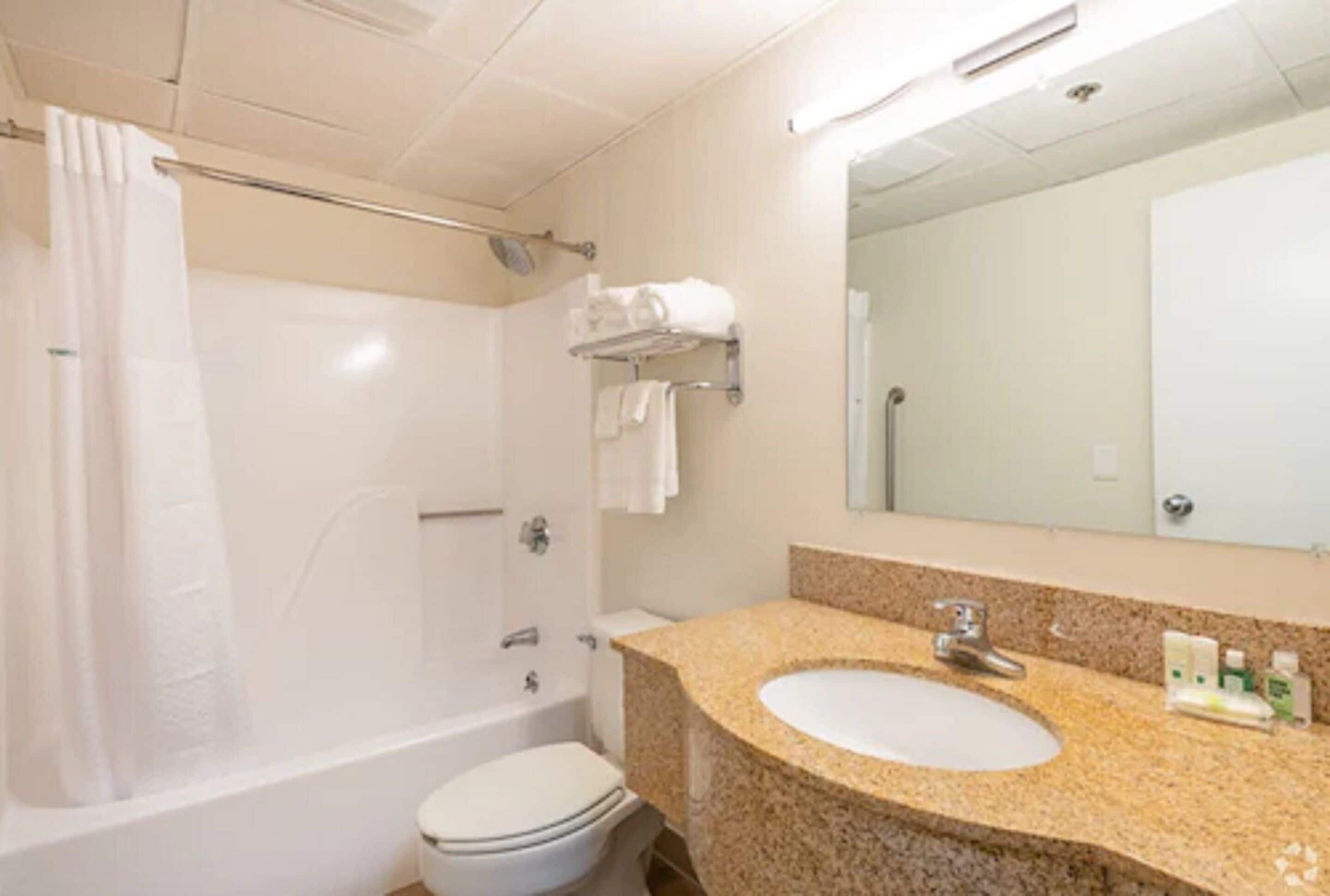 A bathroom with a bathtub, toilet, sink, and a mirror.