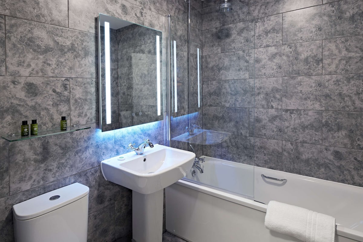 combined shower/bathtub, designer toiletries, hair dryer, towels