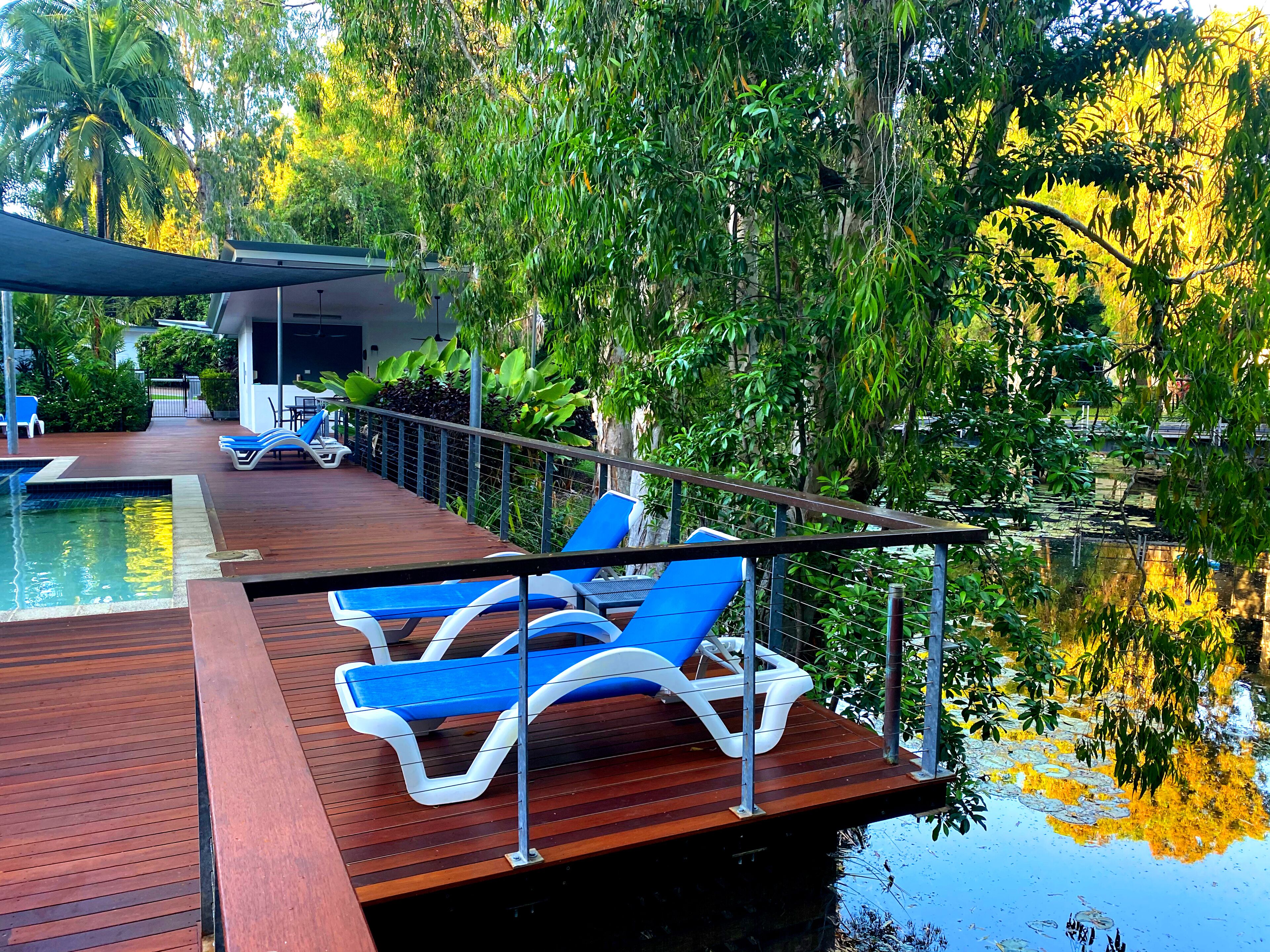 outdoor pool, pool loungers