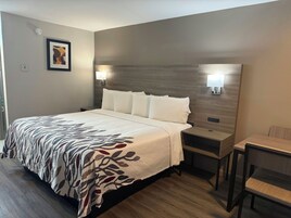 Una habitación de hotel con una cama grande, mesitas de noche, un escritorio y una silla.
