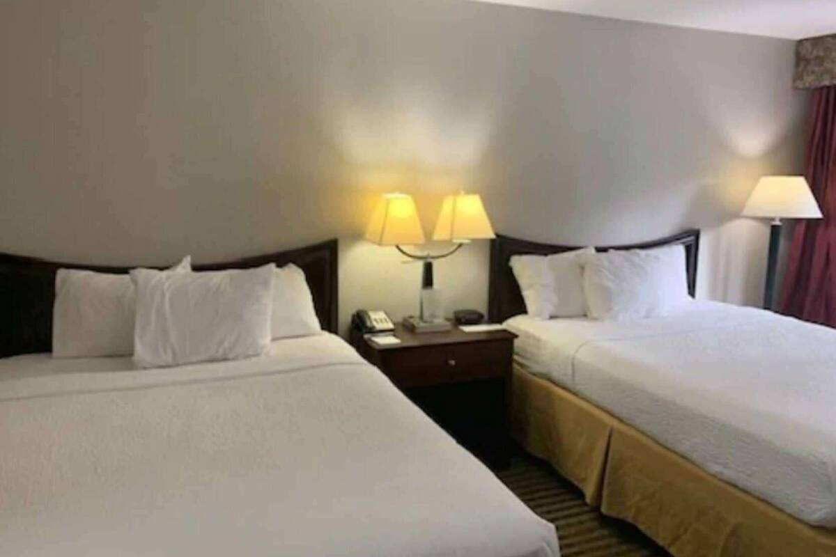 A hotel room with two beds, a nightstand with a lamp, and a telephone.