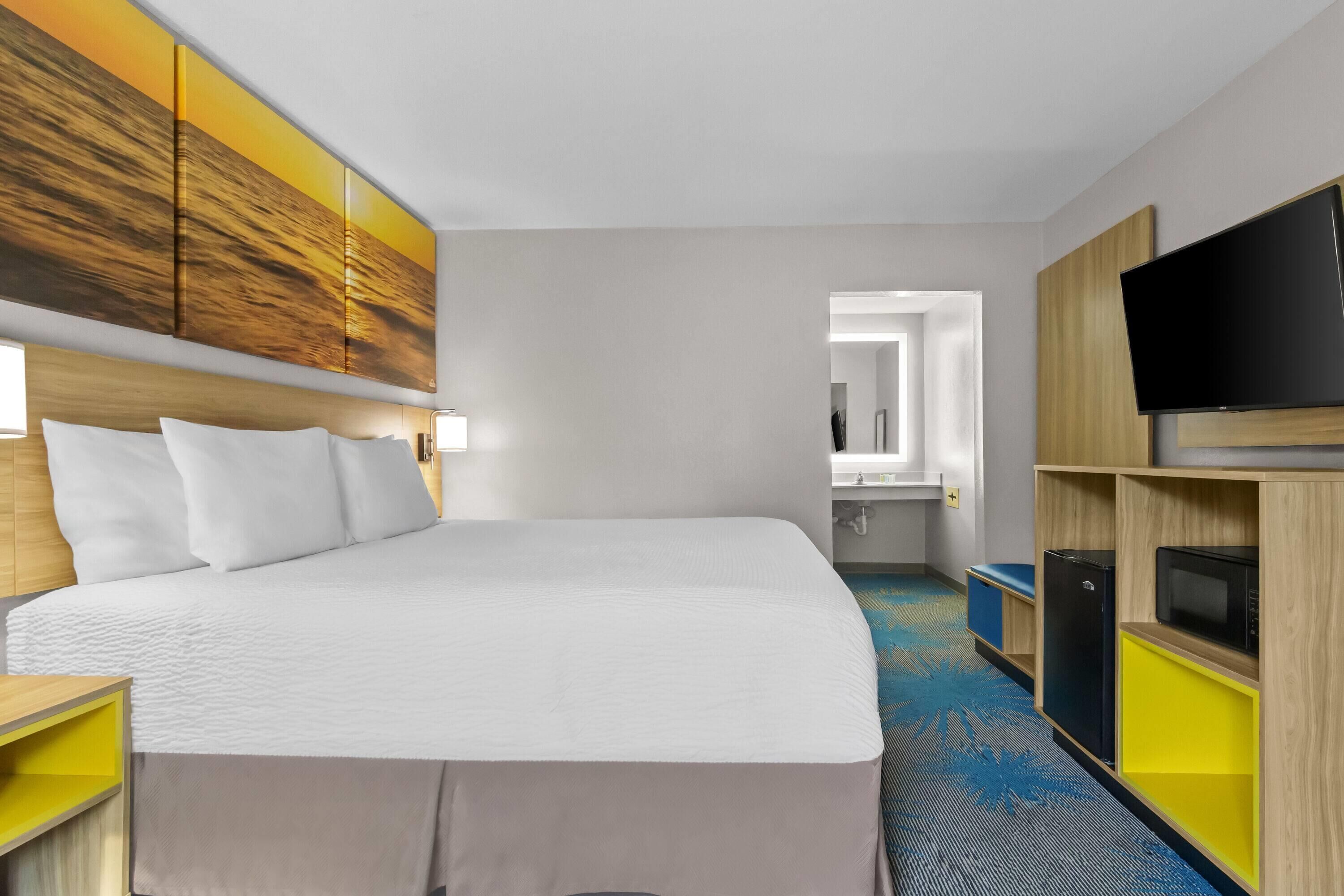 A hotel room with a large bed, a TV, a microwave, and a small refrigerator.