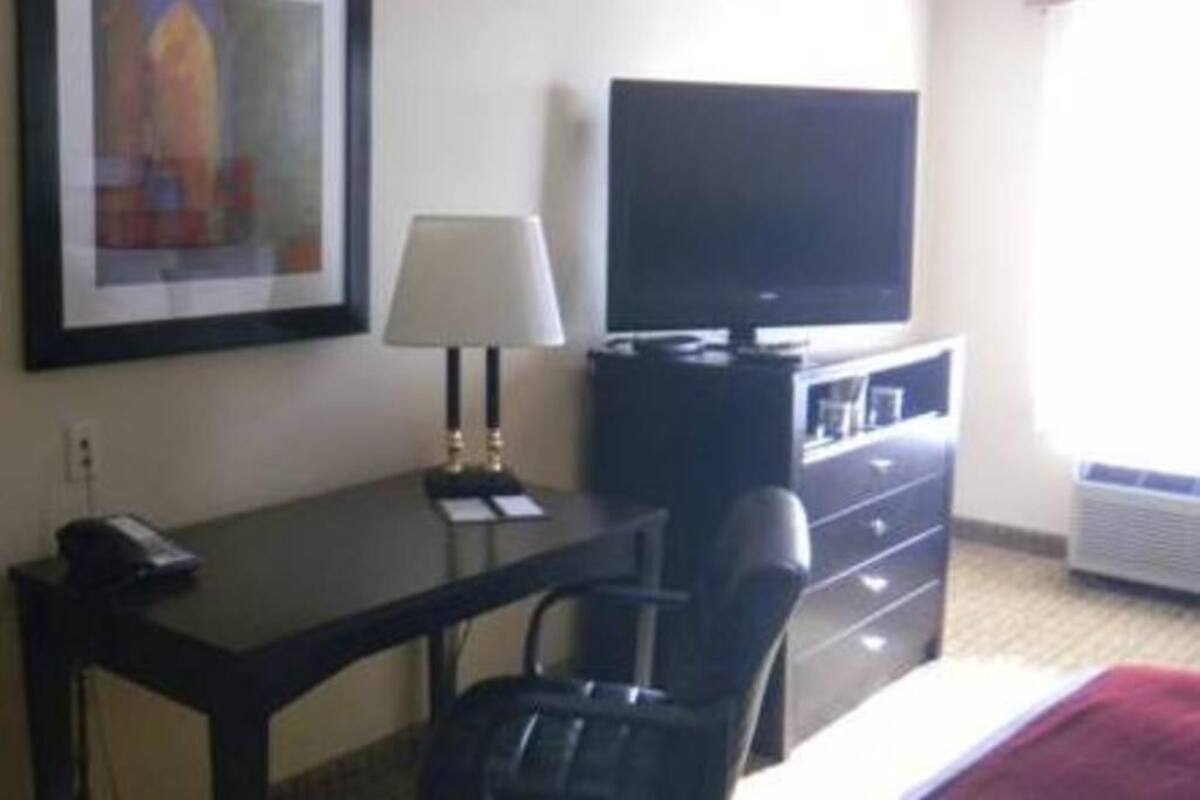 A hotel room with a desk, chair, television, and a framed picture on the wall.