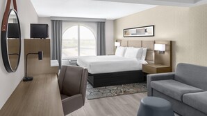 A hotel room with a bed, a desk, a chair, a sofa, a TV, and a large window. - DoubleTree by Hilton Springdale (Springdale)
