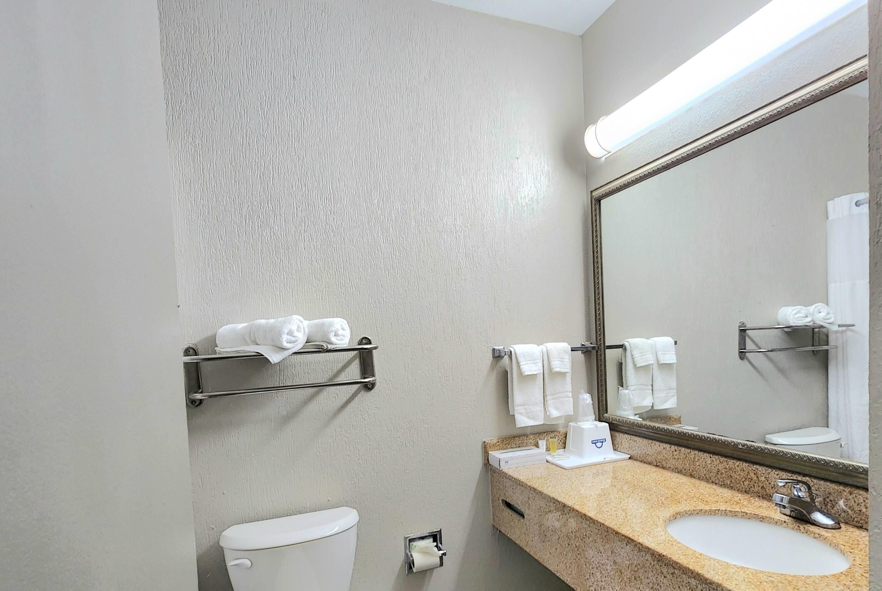 Ein Badezimmer mit Toilette, Waschbecken und Spiegel. Handtuchhalter mit Handtüchern und eine Toilettenpapierhalterung sind vorhanden.
