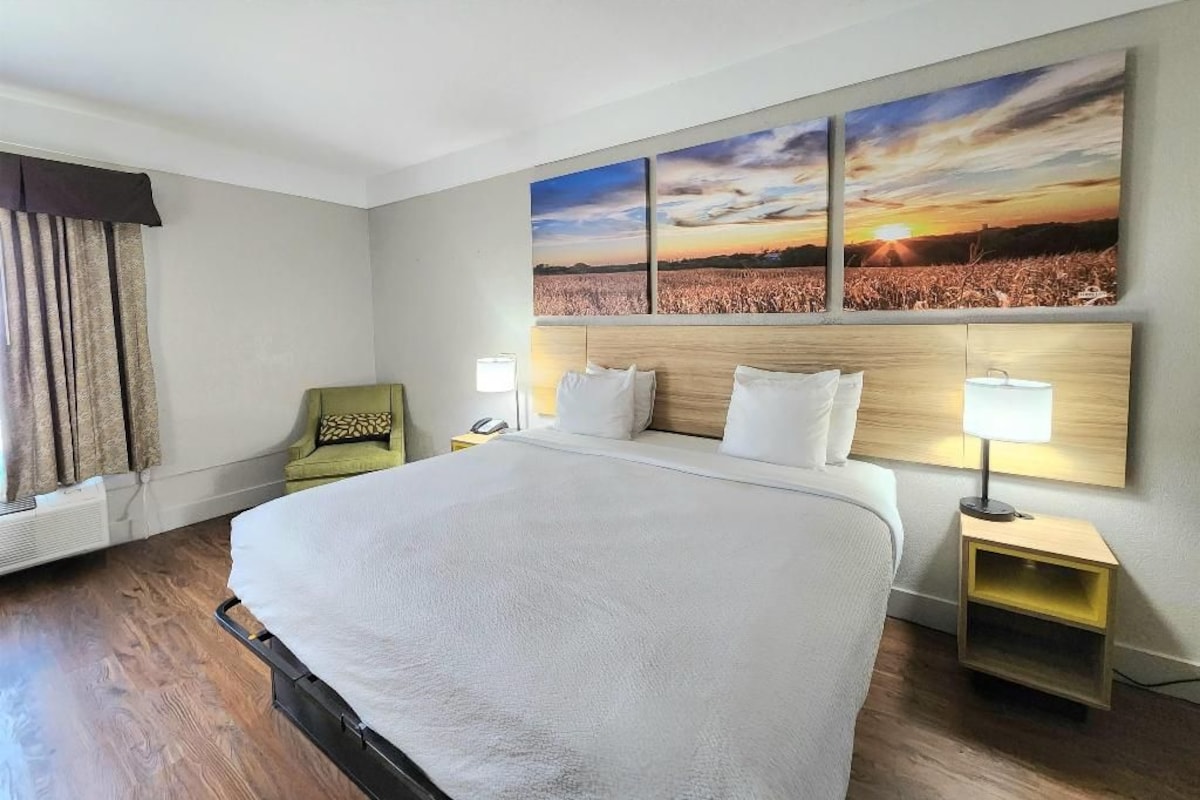 A hotel room with a large bed, a green armchair, a nightstand with a lamp, and a wall with three sunset paintings.