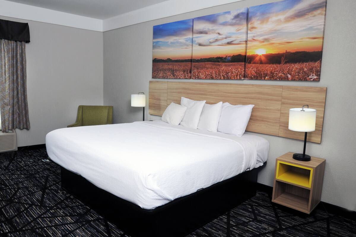 A hotel room with a large bed, two bedside lamps, a nightstand with a yellow shelf, a green chair, and a sunset painting on the wall.