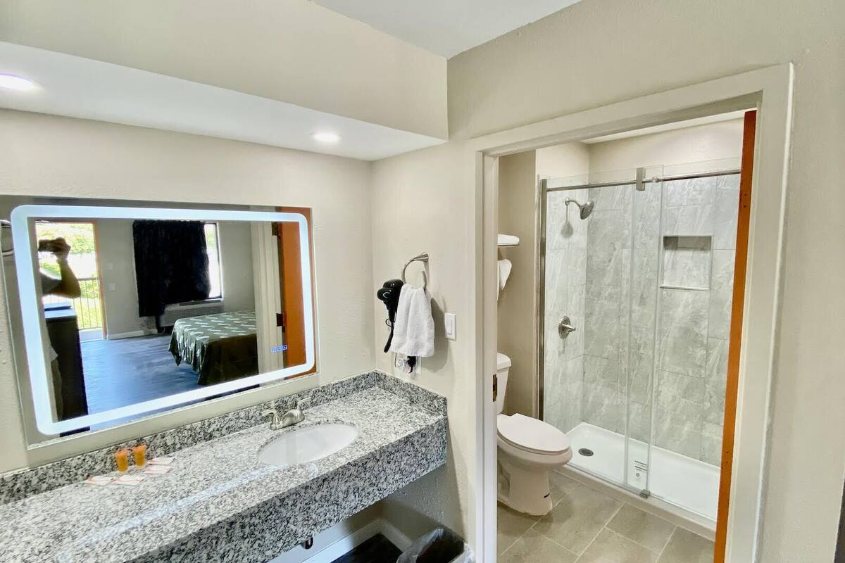 A bathroom with a granite countertop sink, a toilet, and a shower with a glass door.