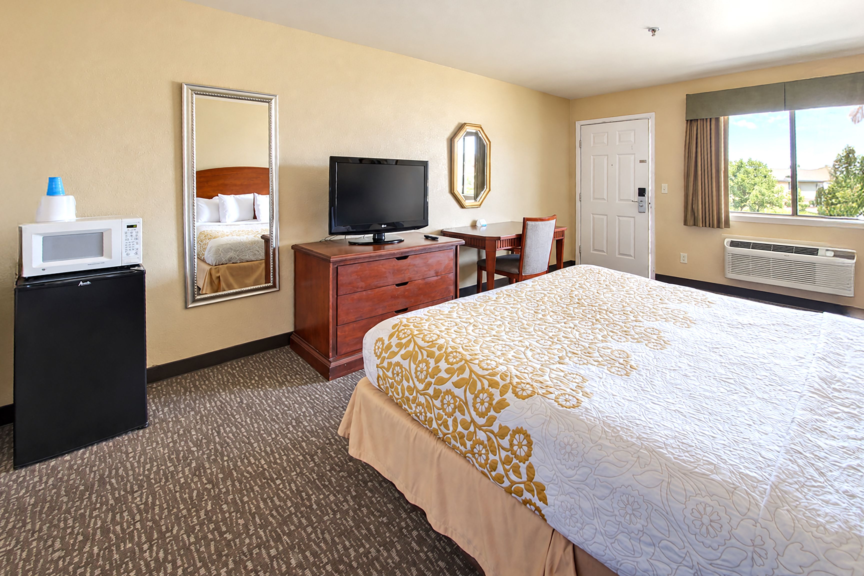 A hotel room with a bed, a television, a dresser, a mirror, a microwave, and a window with curtains.