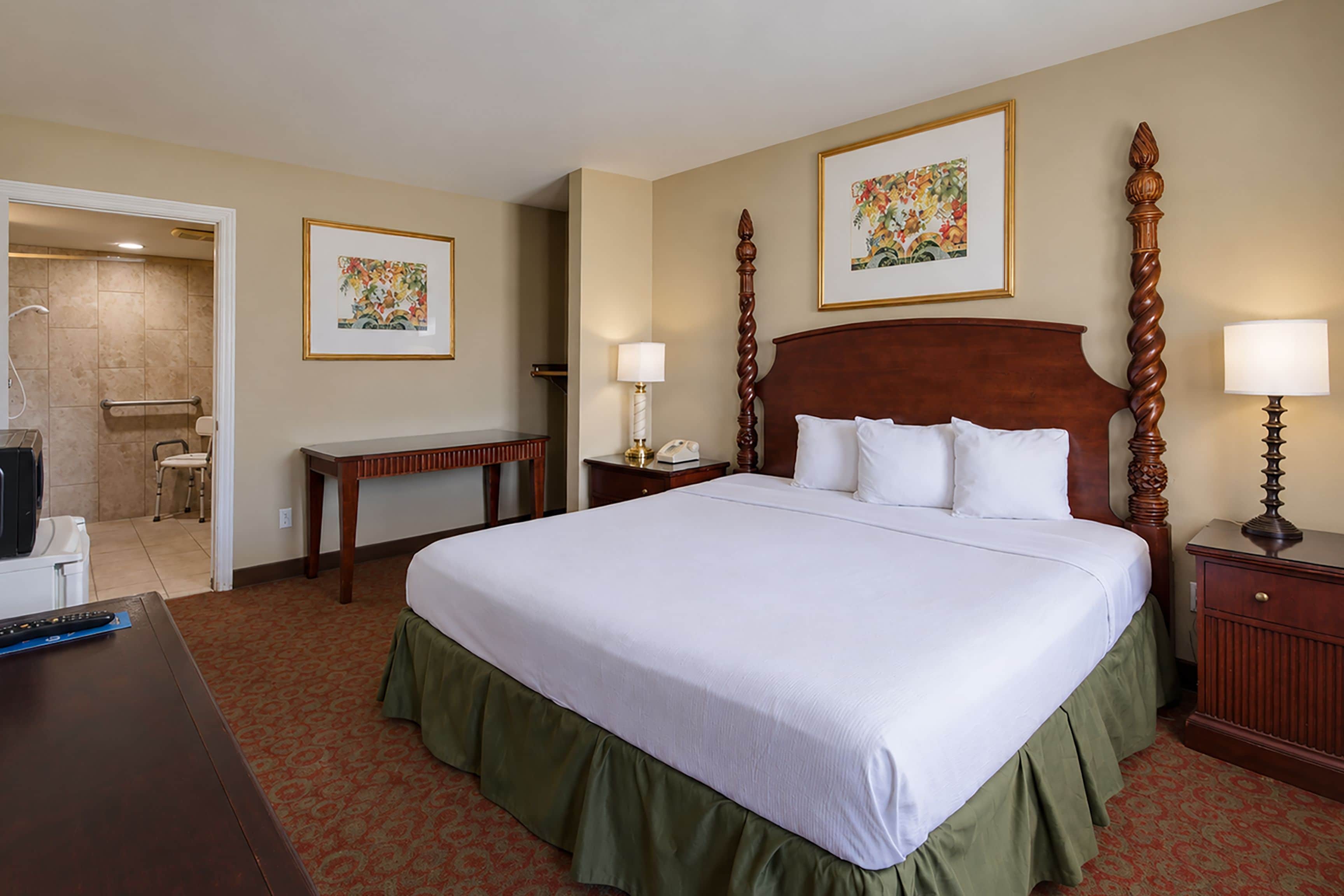 A hotel room with a large bed, a desk, a chair, a bedside table, a lamp, and a picture frame on the wall.