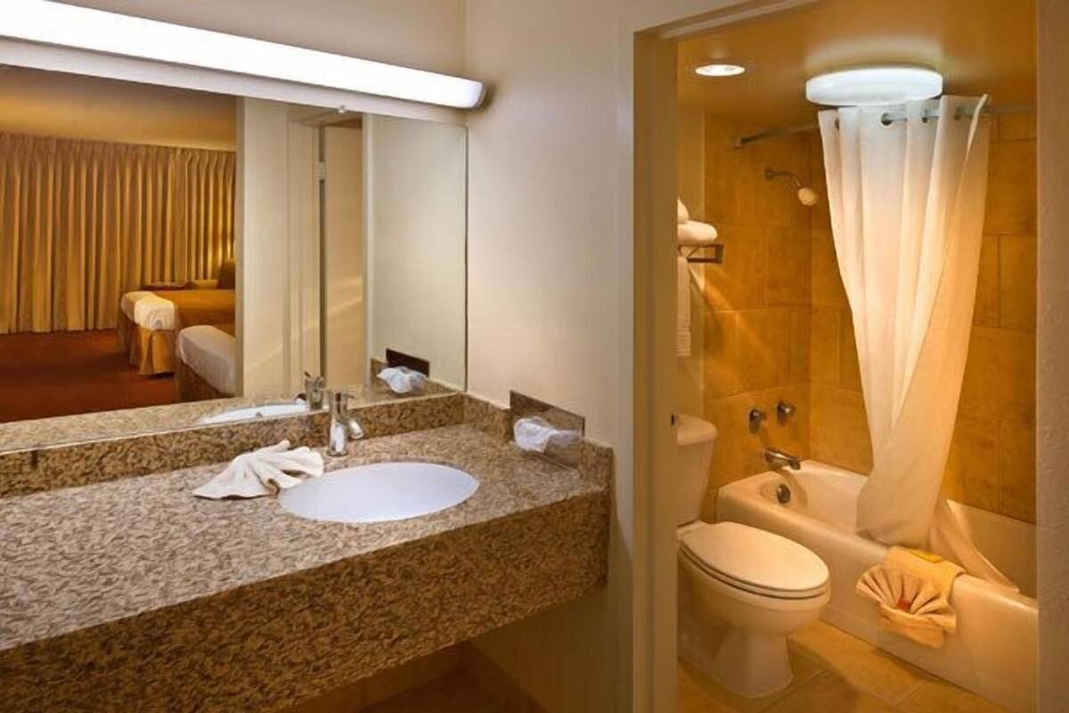A bathroom with a granite countertop sink, a mirror, a toilet, and a shower with a curtain.