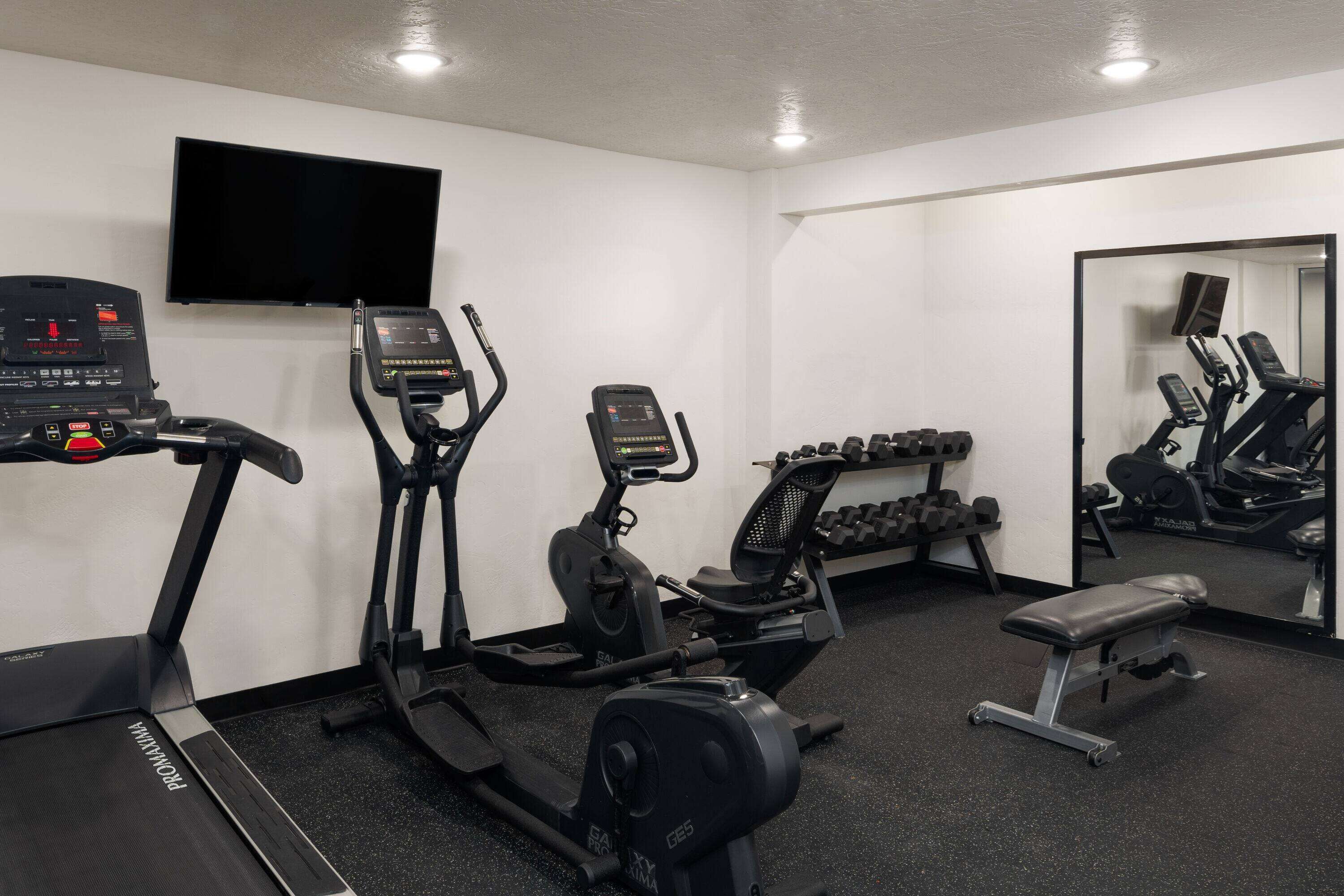 A gym with treadmills, an elliptical, a bench, and a mirror.