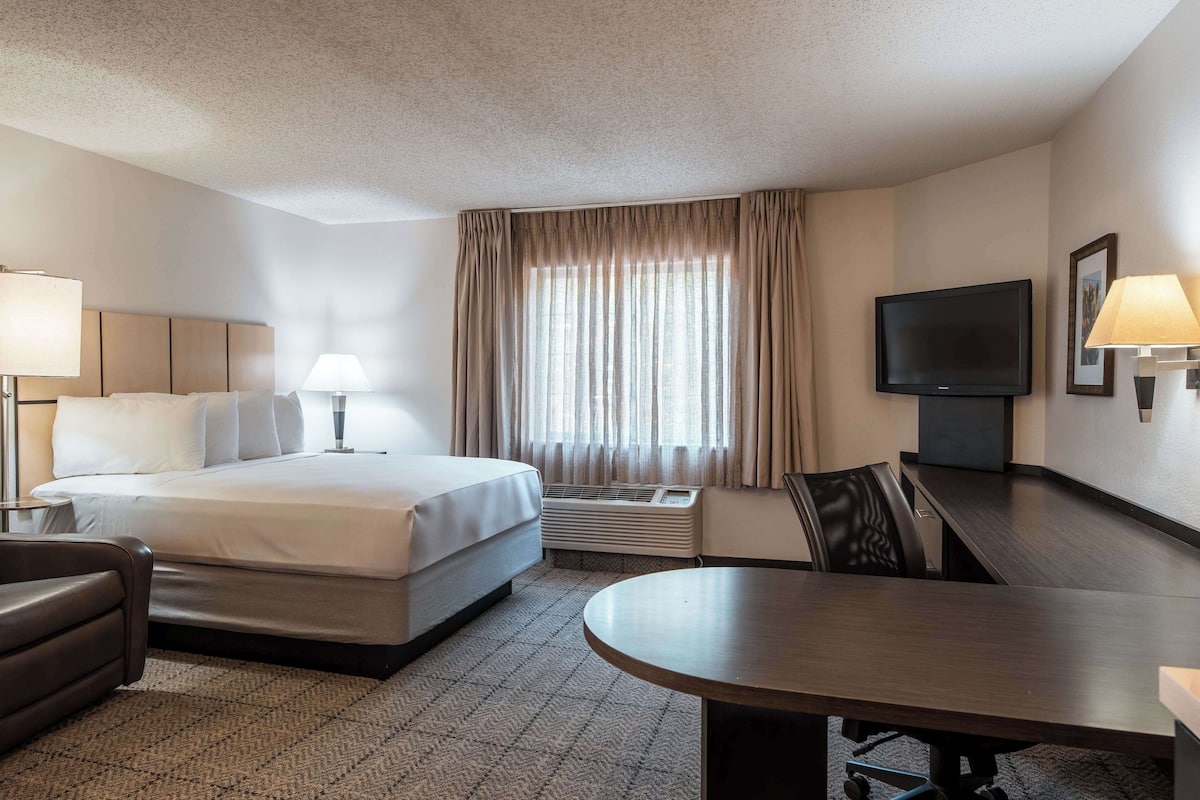 A hotel room with a bed, a desk, a chair, a TV, and a window with curtains.