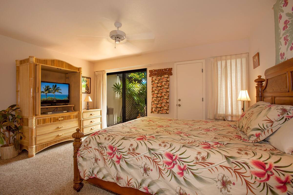 Un dormitorio con una cama, un televisor sobre un mueble de madera, un ventilador de techo y una puerta que da a un balcón.