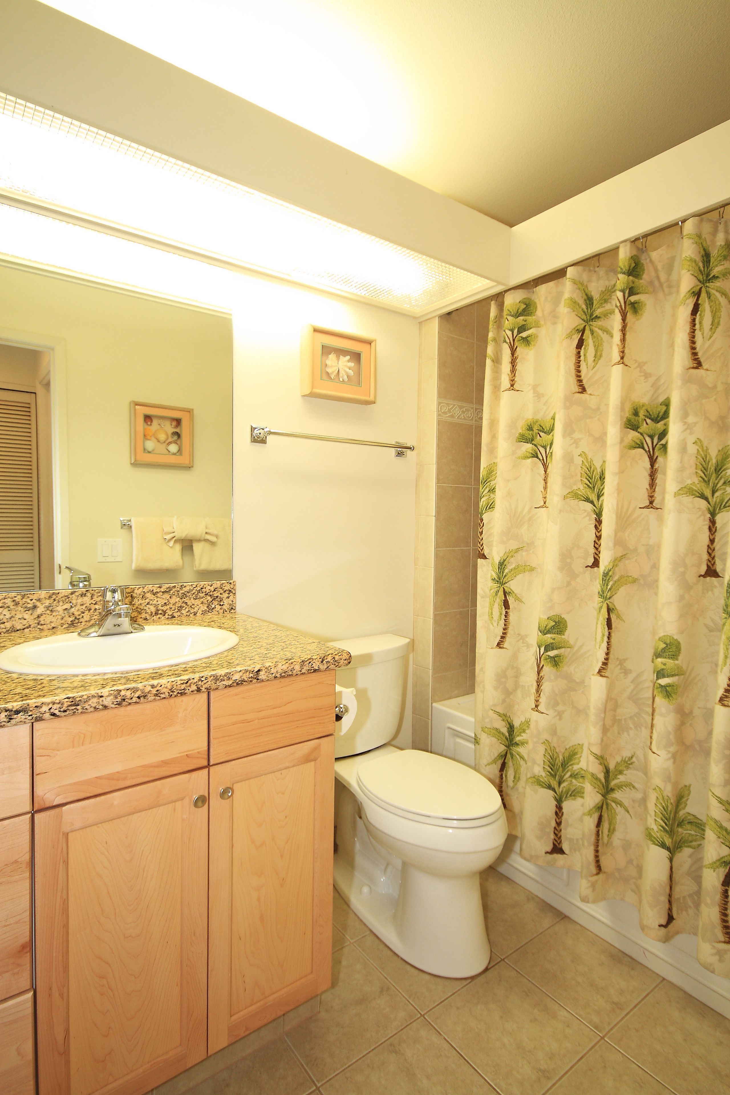 Une salle de bain avec un lavabo surmonté d’un plan de travail en granit, des meubles en bois, des toilettes blanches et un rideau de douche orné de motifs de palmiers.
