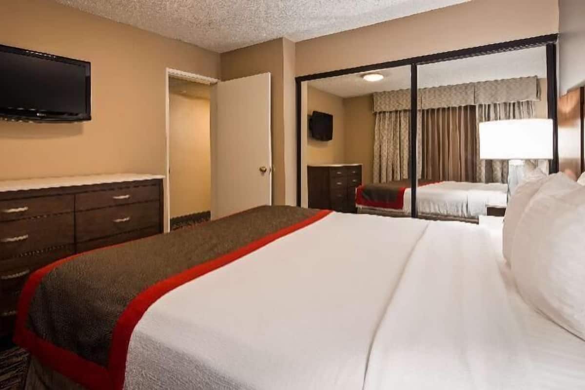 A hotel room with a bed, a dresser, a television, and a mirror.