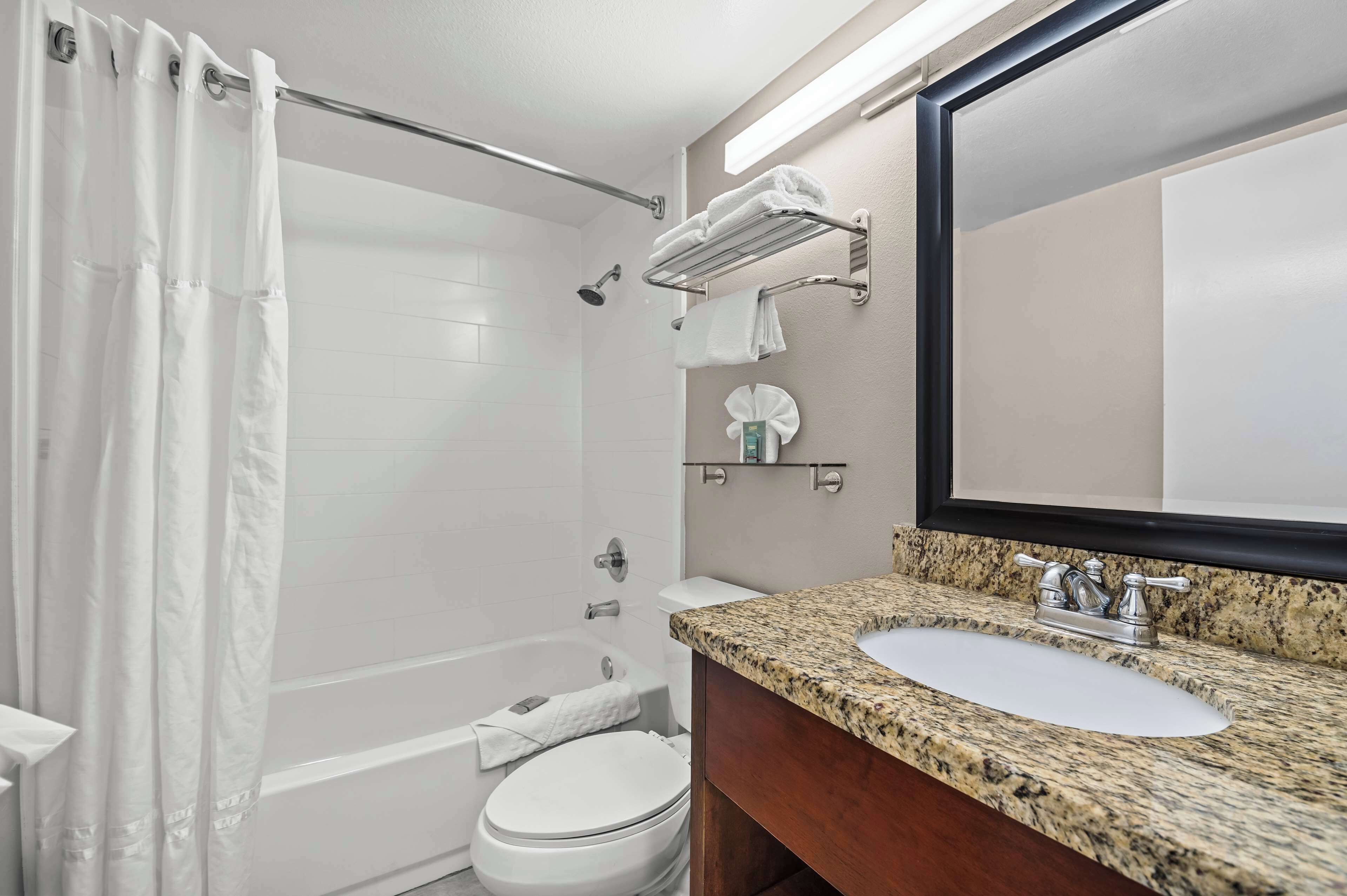 combined shower/bathtub, free toiletries, hair dryer, towels