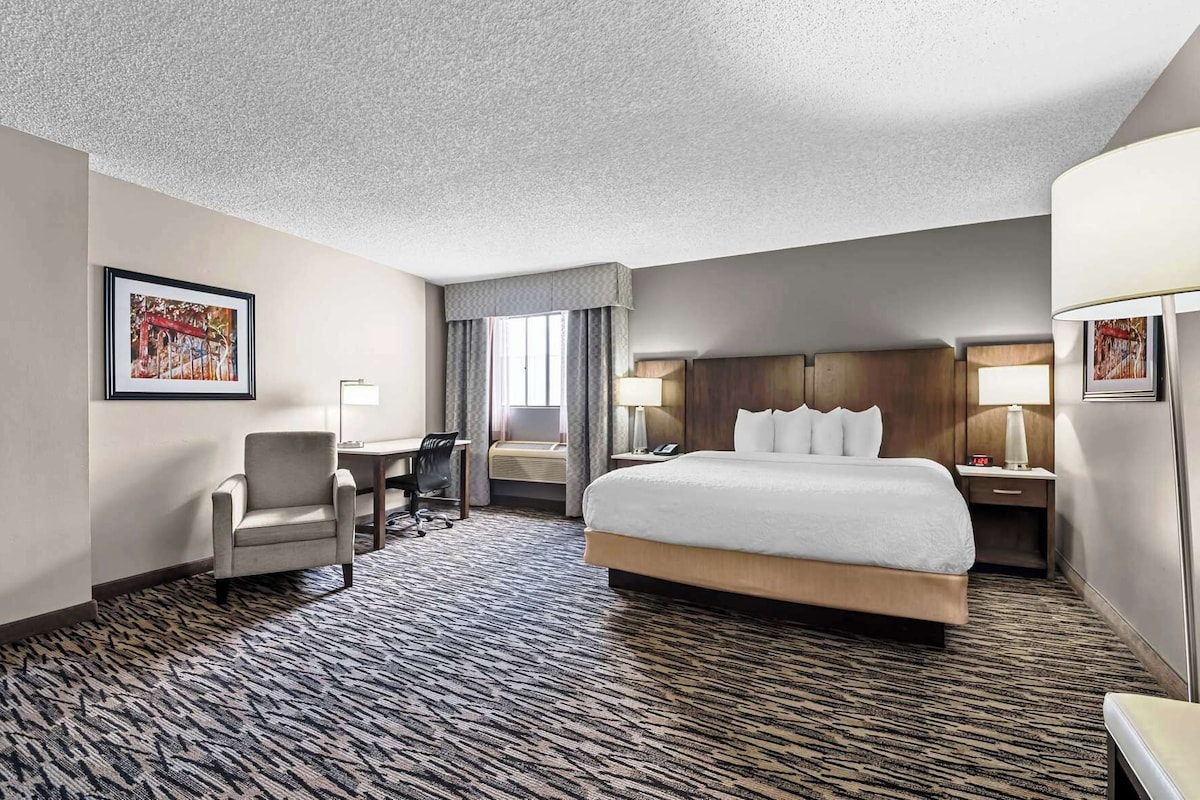 A hotel room with a large bed, a desk, a chair, a nightstand, and a lamp.