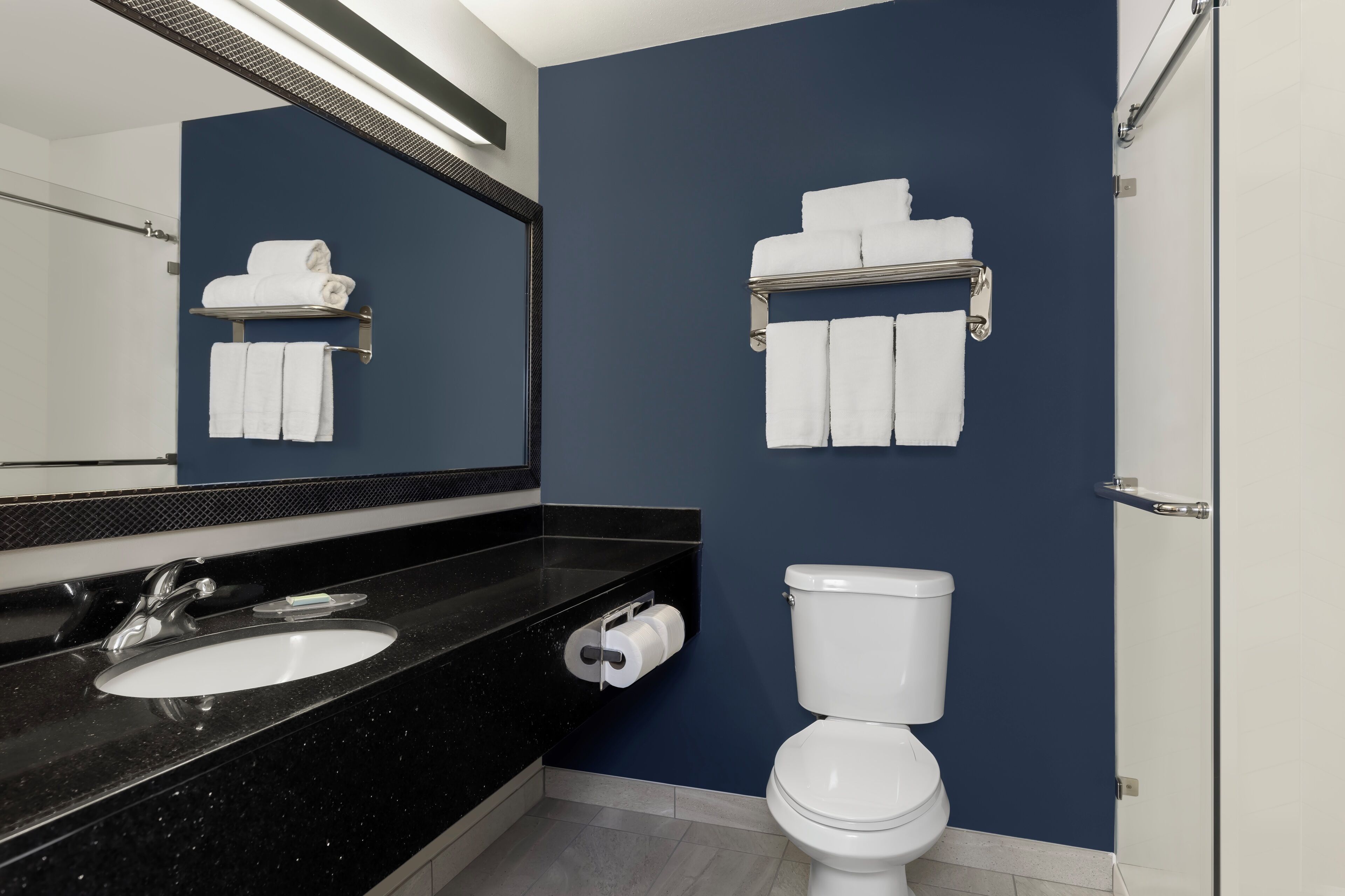 A modern bathroom with a black countertop, white sink, and a toilet.