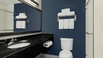 A modern bathroom with a black countertop sink, a white toilet, and a towel rack on the wall.
