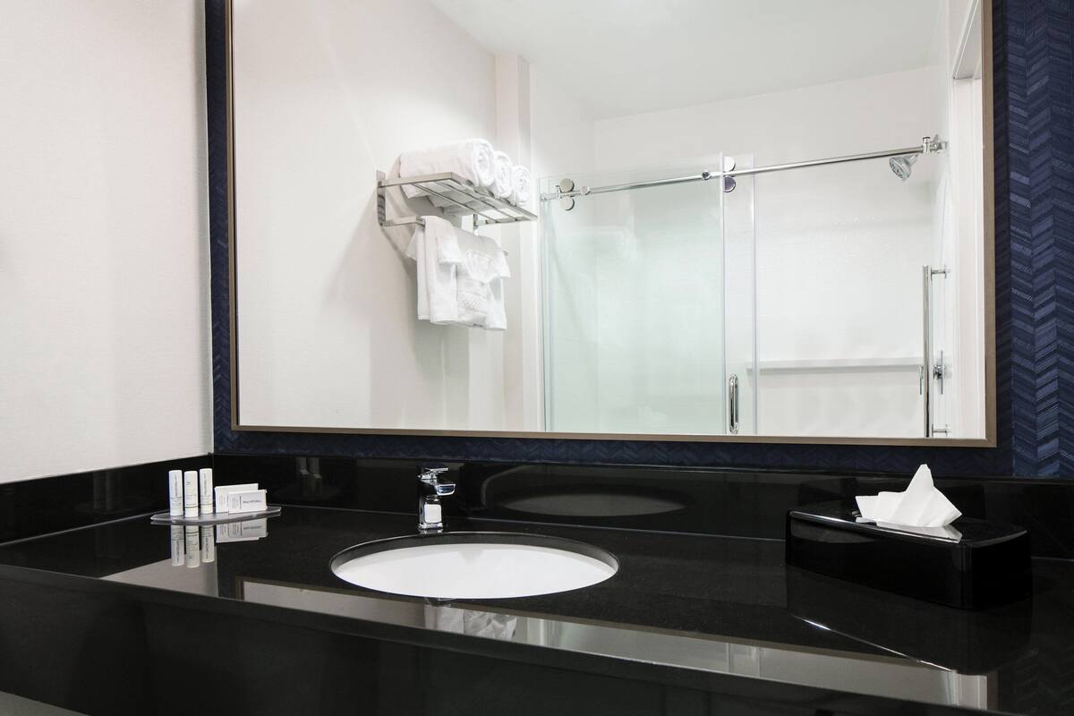 combined shower/bathtub, hair dryer, towels, soap