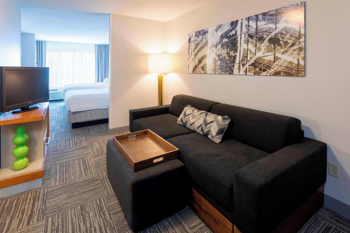 Une chambre d’hôtel moderne avec un canapé gris foncé, une table d’appoint en bois sur laquelle se trouve un plateau, un téléviseur à écran plat, une lampe et un tableau accroché au mur.