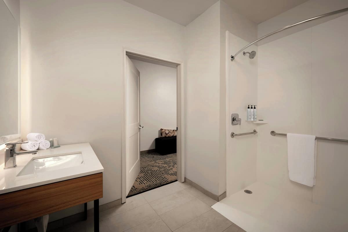 Combined shower/bathtub, free toiletries, hair dryer, towels