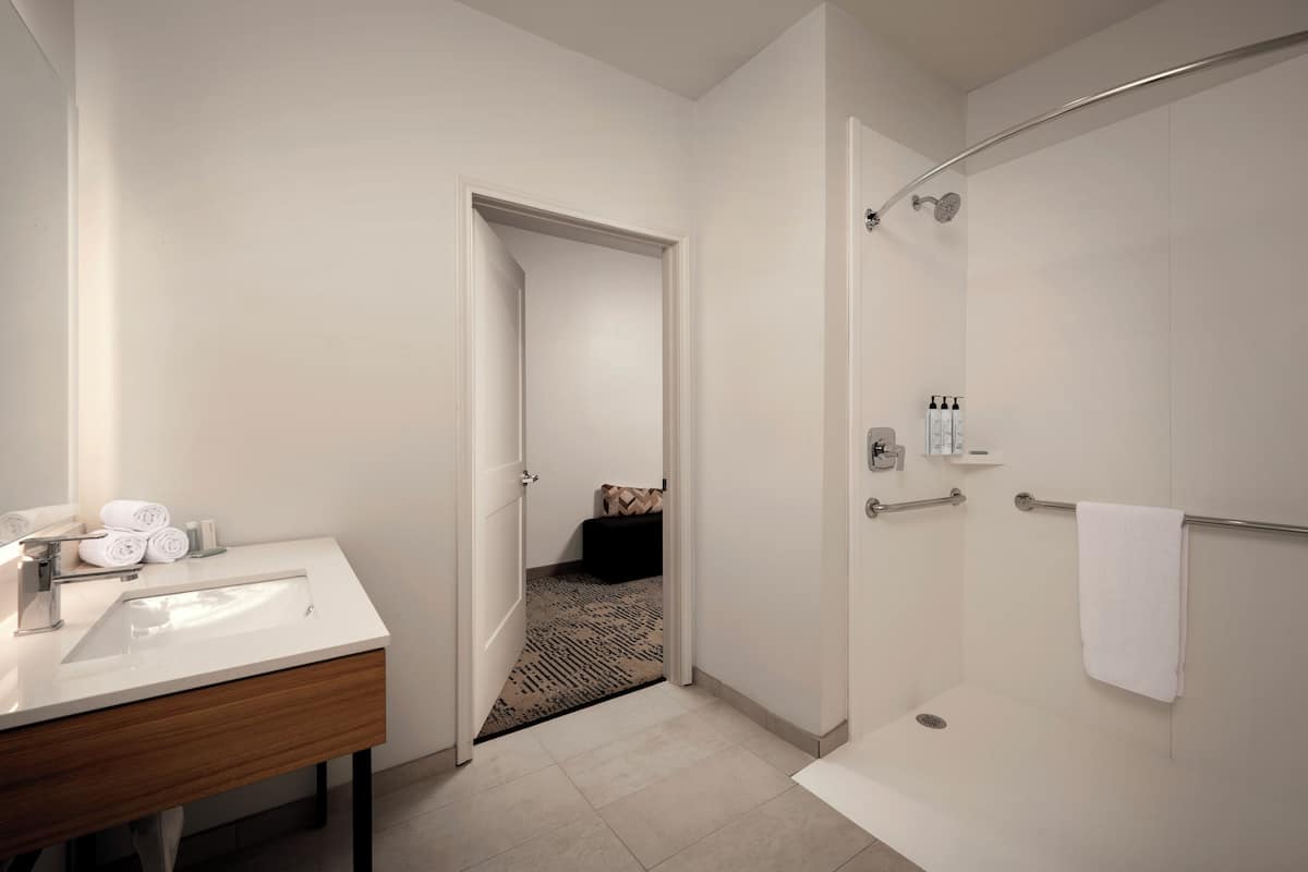 Combined shower/bathtub, free toiletries, hair dryer, towels