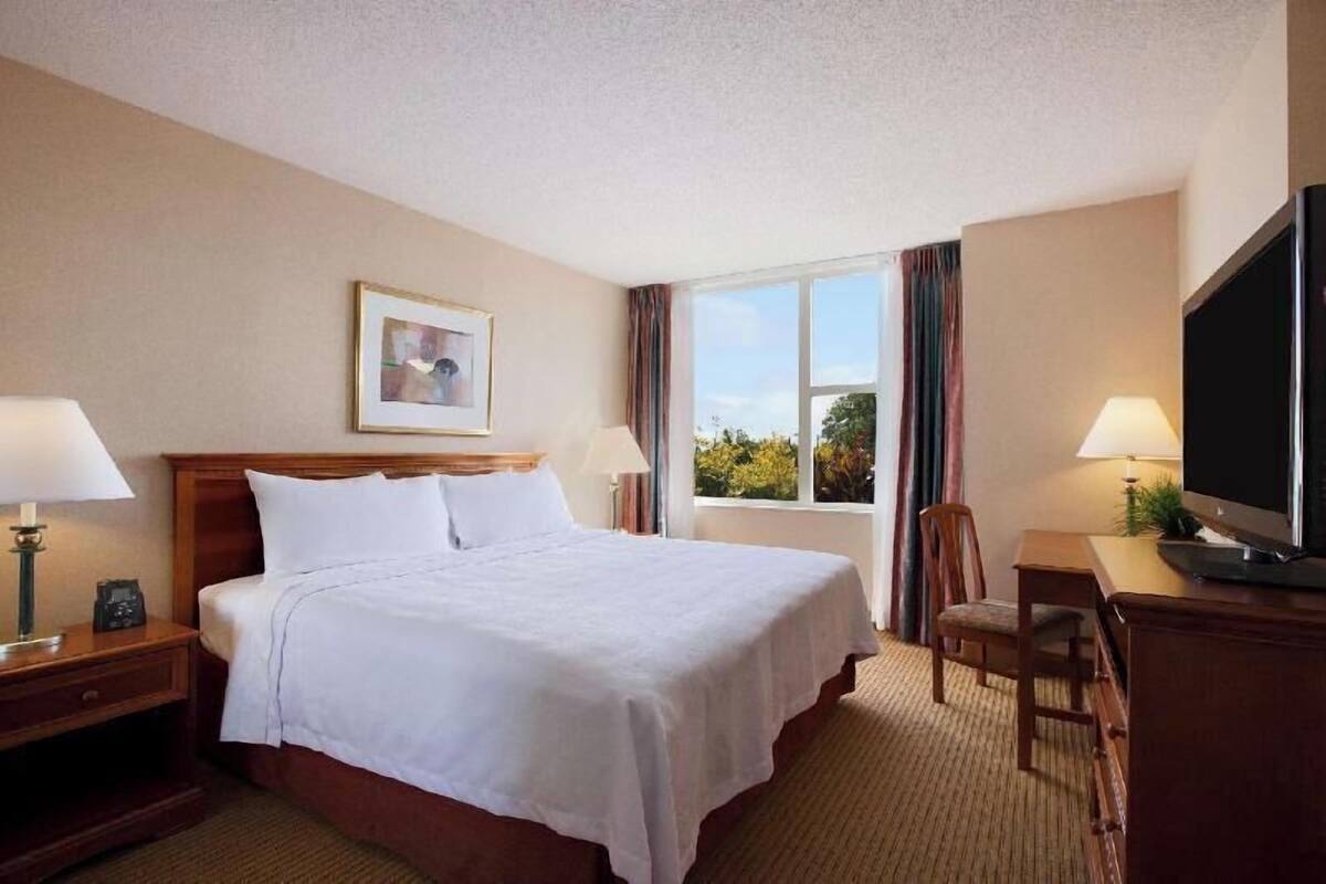 A hotel room with a bed, a desk with a television, a chair, a nightstand with a lamp, and a window with curtains.