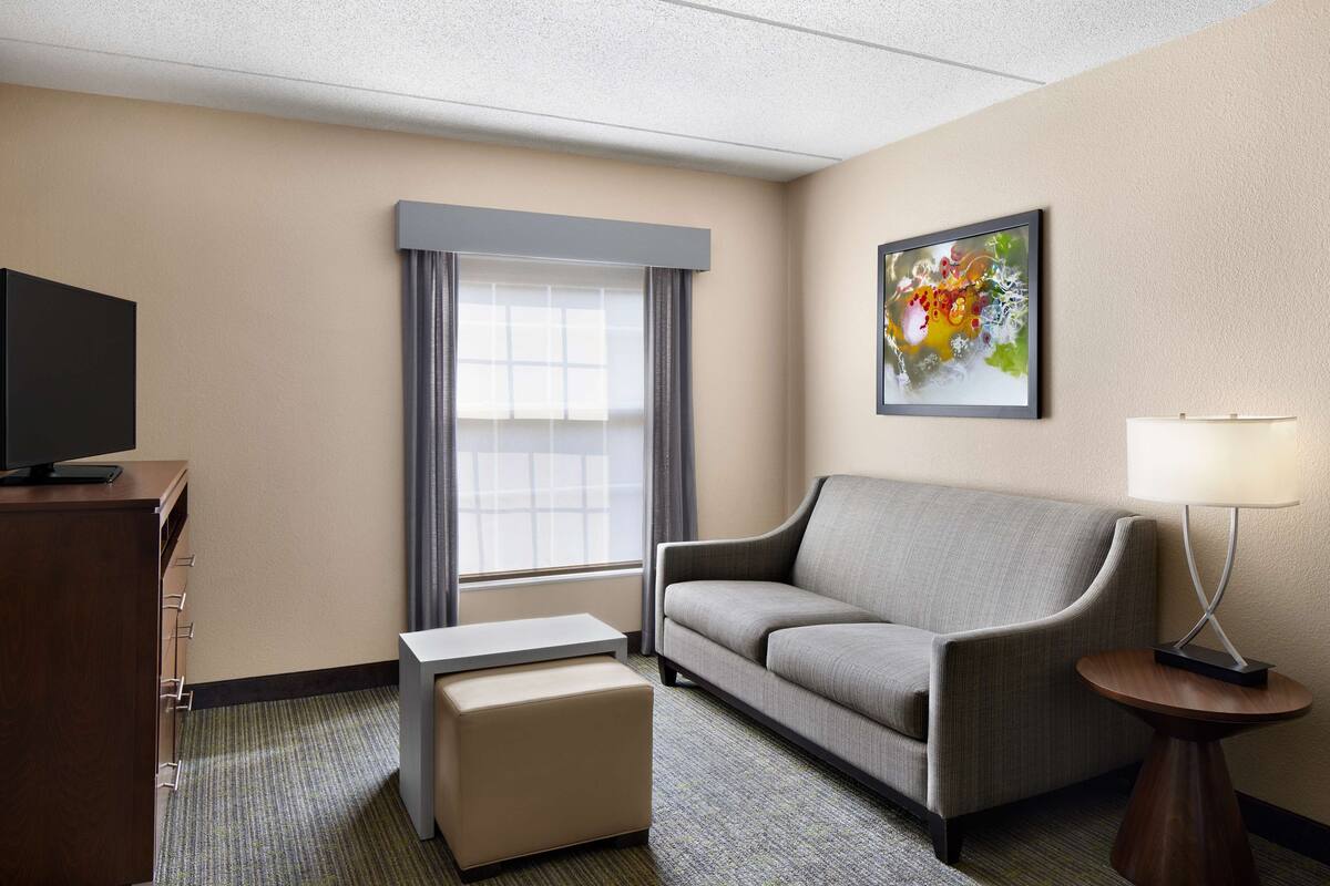 Une chambre d’hôtel avec un canapé, un téléviseur posé sur un meuble en bois, une petite table, une lampe et une fenêtre avec des rideaux.