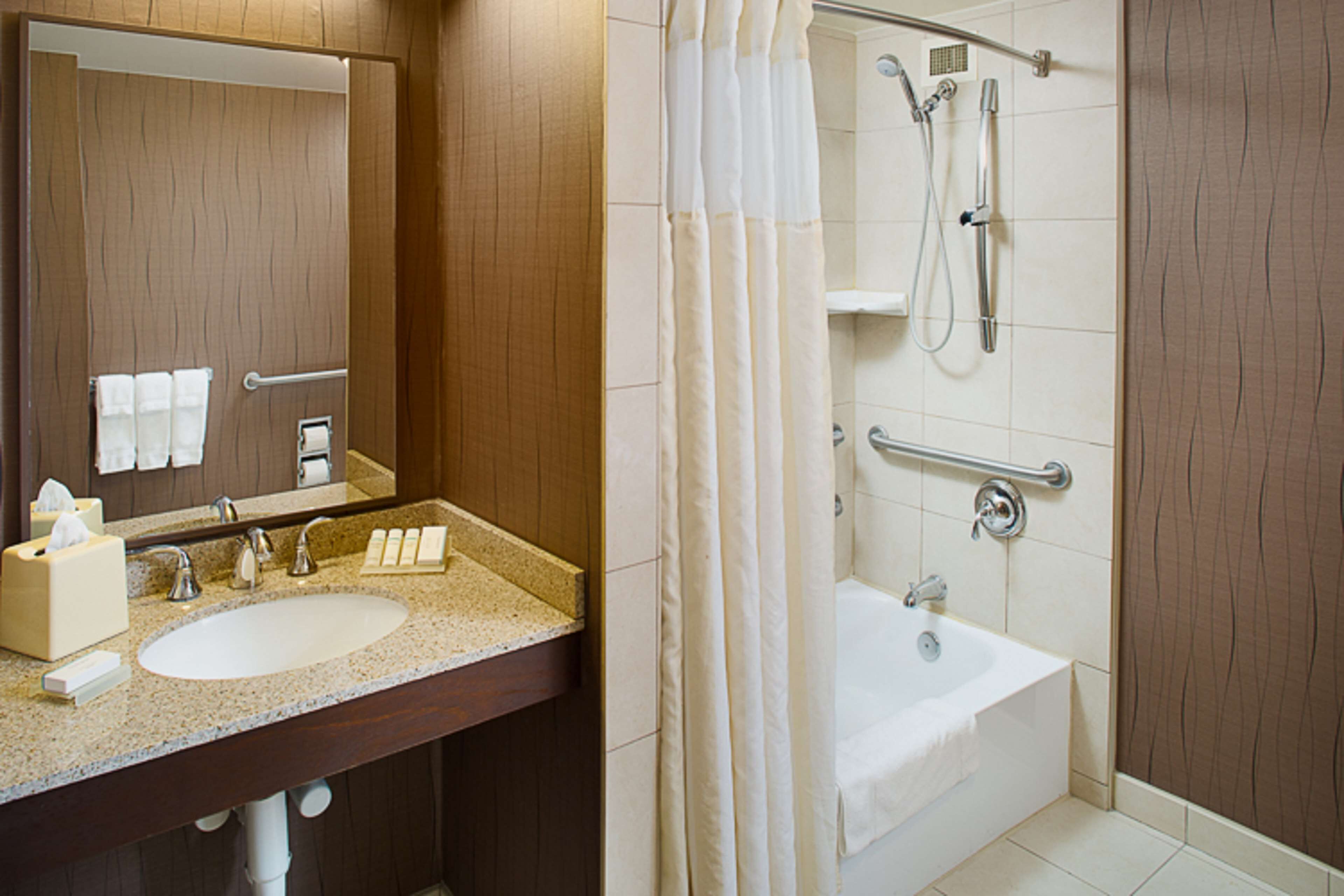 combined shower/bathtub, free toiletries, hair dryer, towels