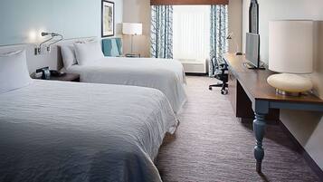 Down comforters, desk, laptop workspace, blackout drapes