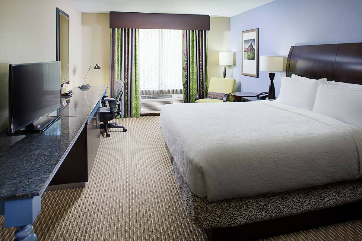 Une chambre d’hôtel avec un grand lit, un bureau doté d’un téléviseur à écran plat, une chaise, une lampe et un tableau au mur.