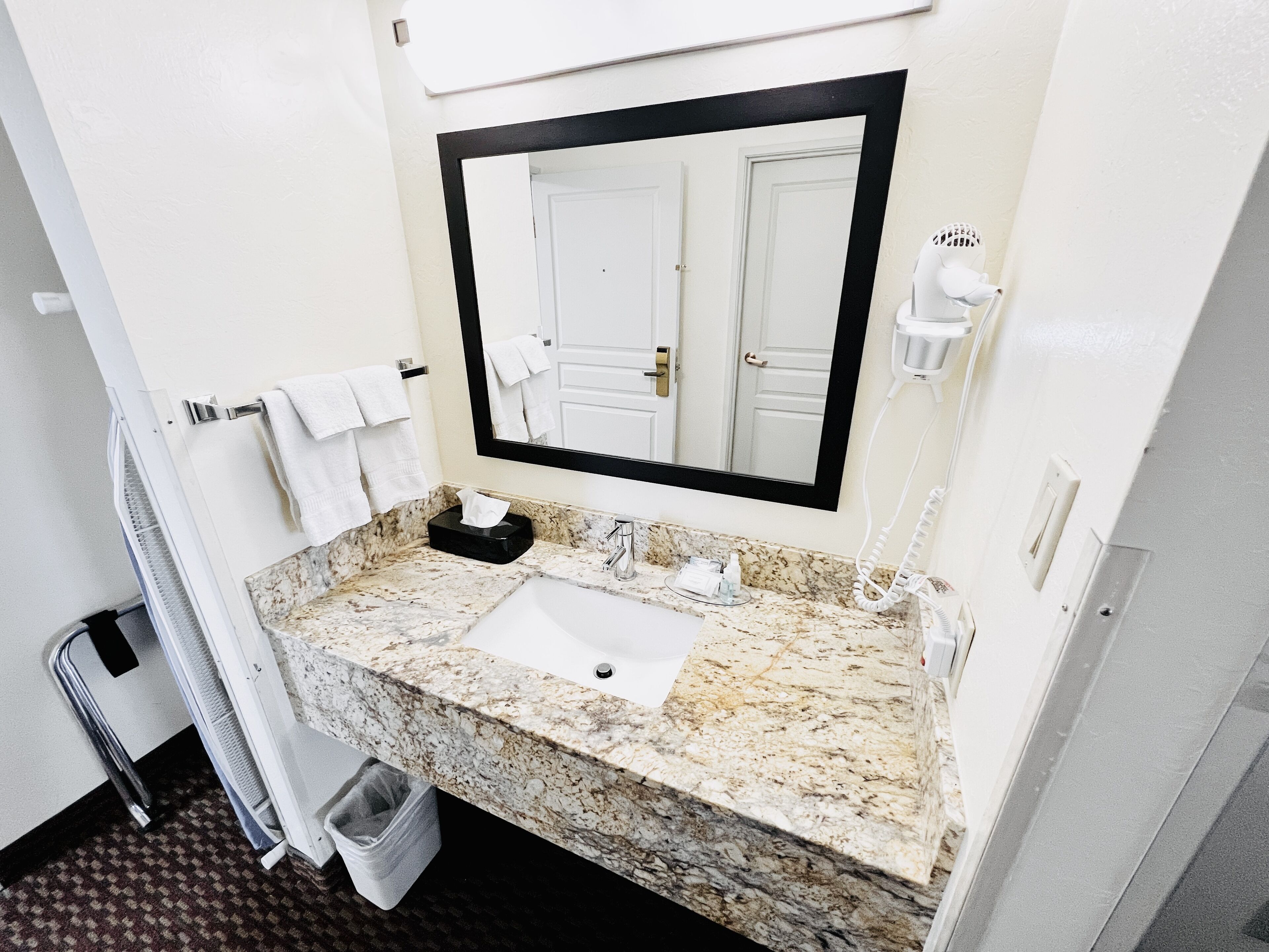 A bathroom with a white sink, a mirror, a towel rack, and a hairdryer.