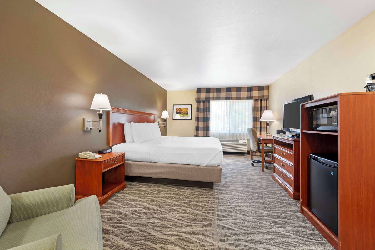 Ein Hotelzimmer mit Bett, Schreibtisch, Stuhl, Fernseher und Kühlschrank.