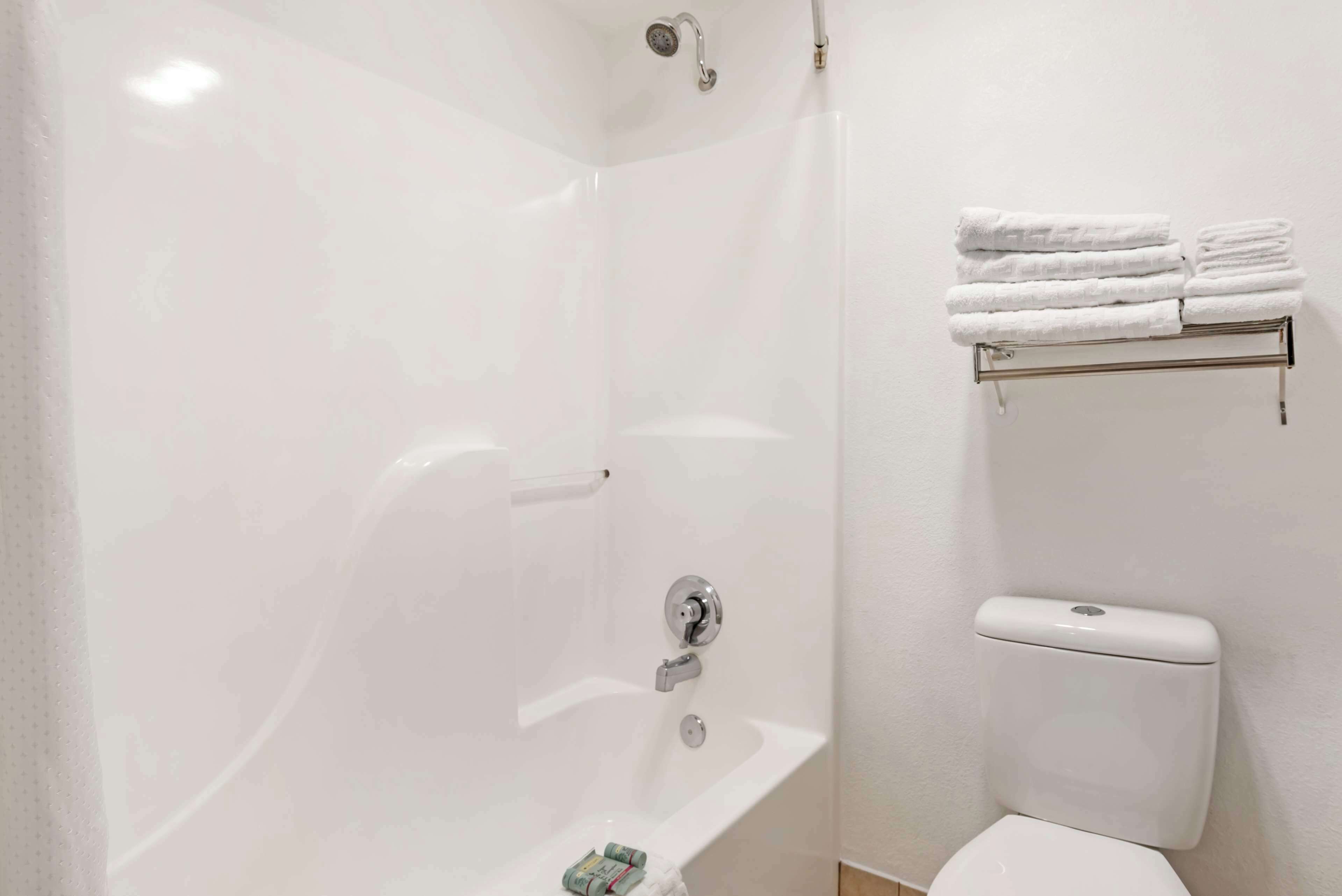 combined shower/bathtub, free toiletries, hair dryer, towels