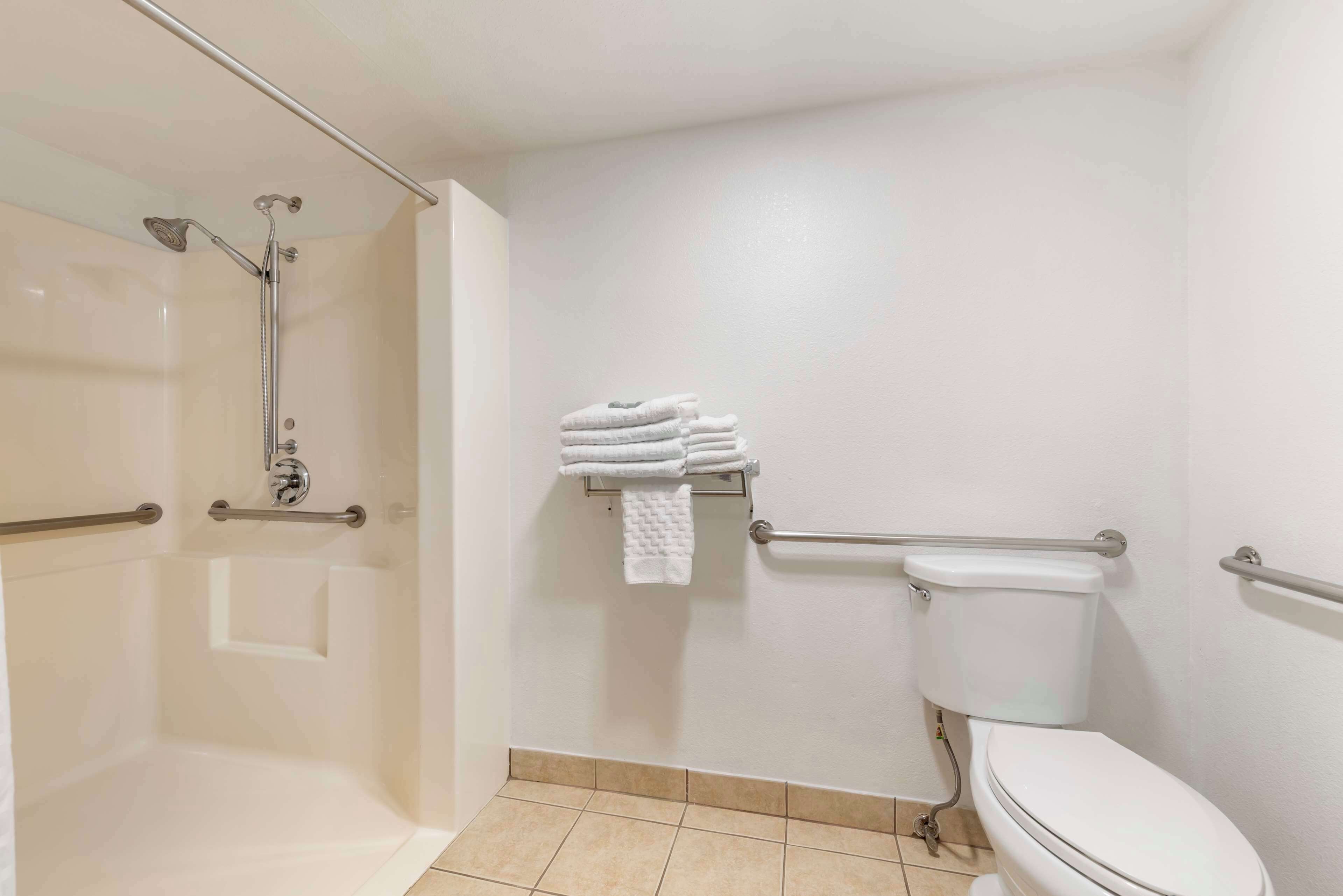 standard room, 1 queen bed, accessible, non smoking | bathroom | combined shower/bathtub, free toiletries, hair dryer, towels